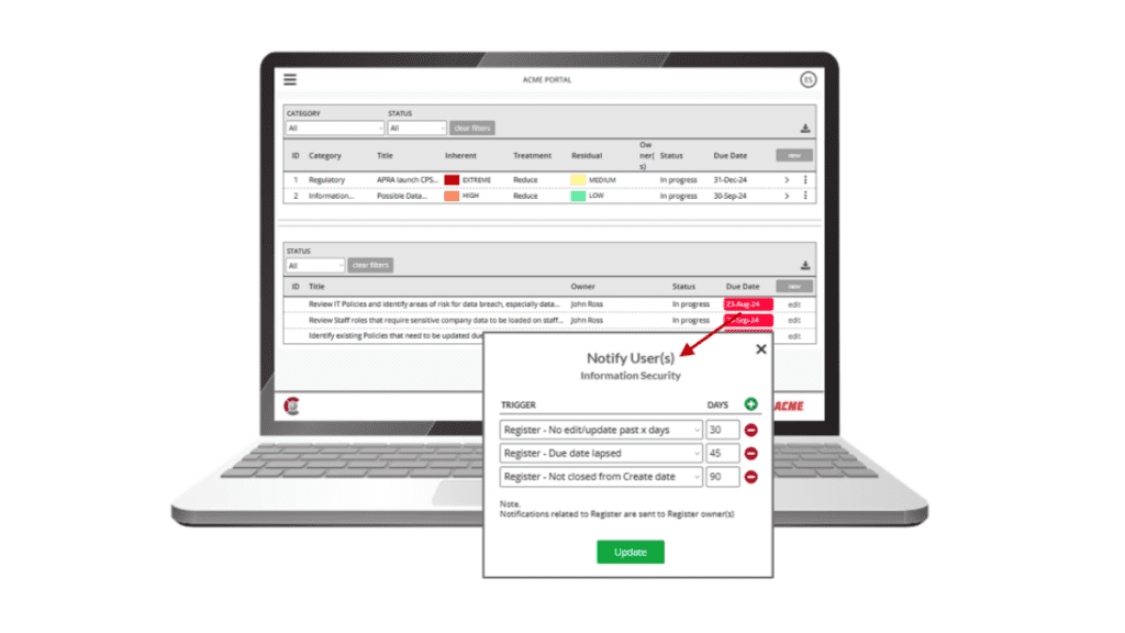Send notifications to follow-up risk register action plans